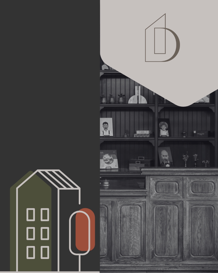 Real estate branding design featuring a minimalist house illustration alongside a luxurious wooden library interior.