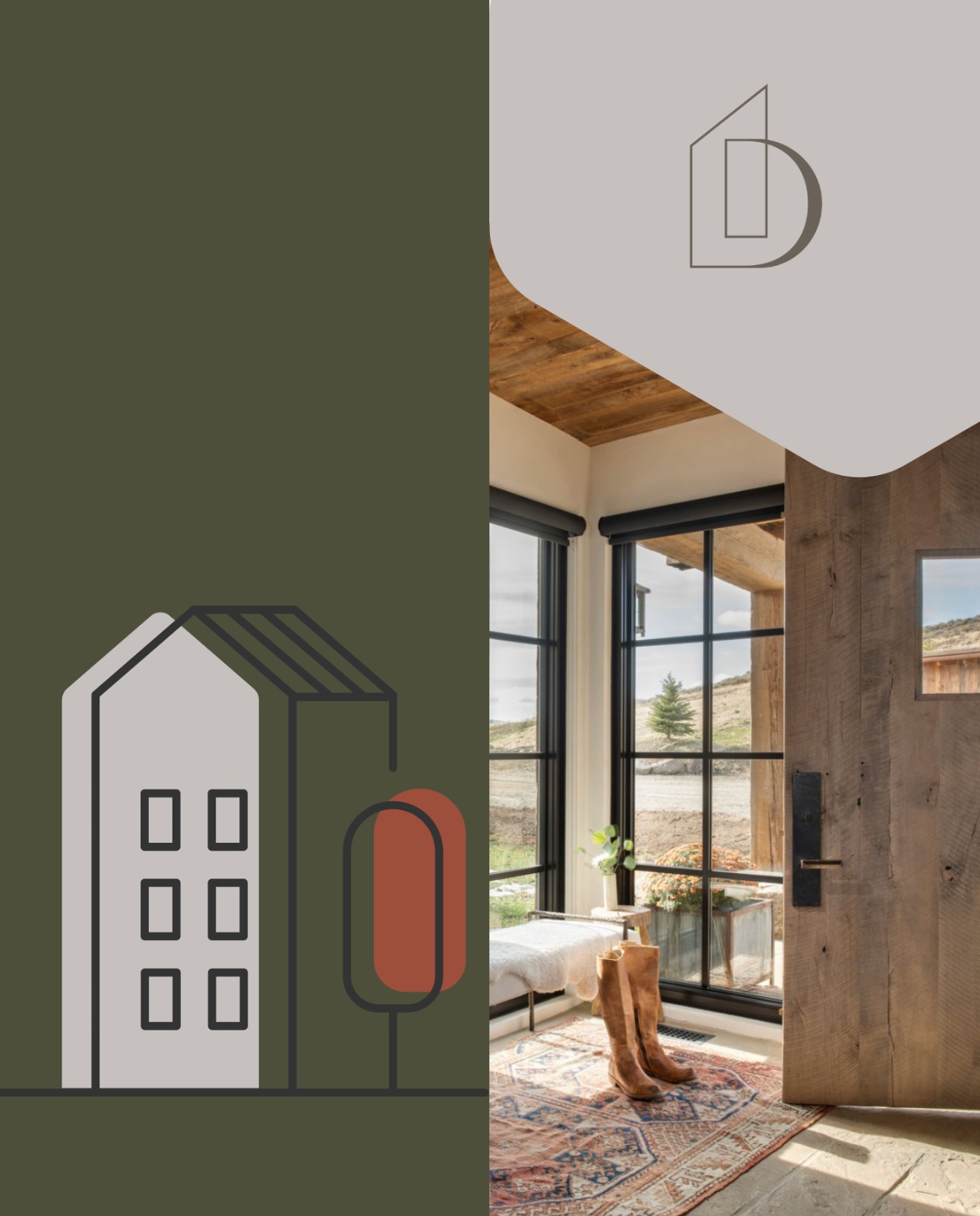 A modern real estate branding design featuring a minimalist house illustration alongside a rustic interior with large windows.